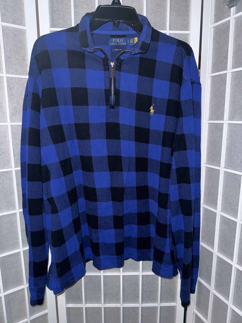 Polo Ralph Lauren Estate Rib 1/4 Zip Sweater Men's L Blue/Black Buffalo Plaid